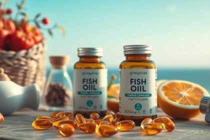 Fľaše rybieho oleja s kapsulami a citrónom na drevenej podložke.