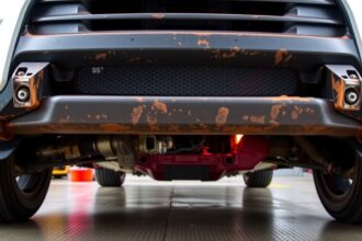 Pohľad na opotrebovaný stabilizátor pod autom s koróziou a známkami používania.