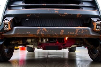 Pohľad na opotrebovaný stabilizátor pod autom s koróziou a známkami používania.