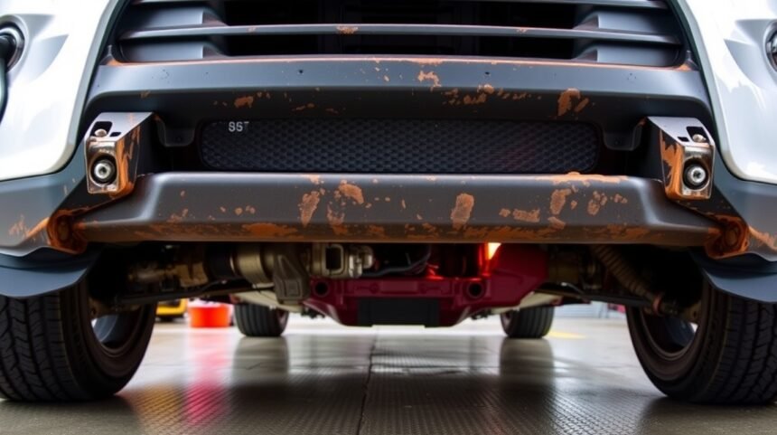 Pohľad na opotrebovaný stabilizátor pod autom s koróziou a známkami používania.