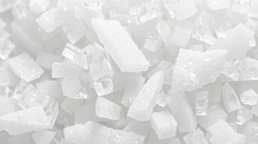 Chlorid hlinitý v kryštalickej forme na bielom pozadí