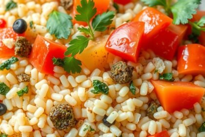 Farebný kuskus so zeleninou a bylinkami na tanieri