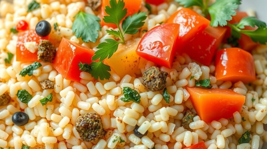 Farebný kuskus so zeleninou a bylinkami na tanieri