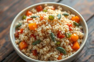 Bowl of bulgur salad with vegetables on wooden table