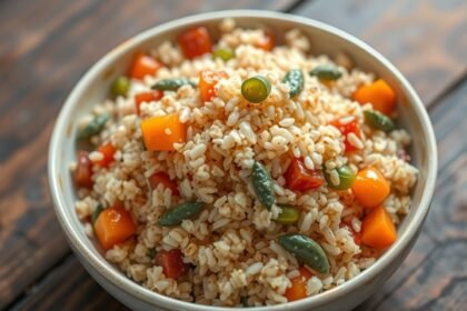 Bowl of bulgur salad with vegetables on wooden table