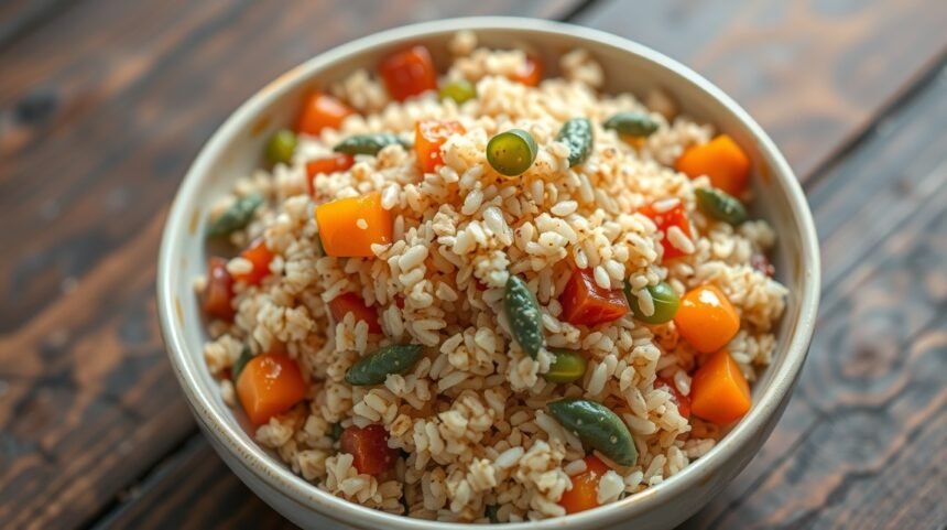 Bowl of bulgur salad with vegetables on wooden table