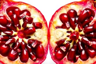 Potrhnuté granátové jablko s lesklými jadrami.