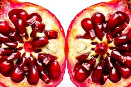 Potrhnuté granátové jablko s lesklými jadrami.