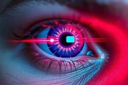 Ilustrácia oka vystaveného infračervenému svetlu, riziko poškodenia