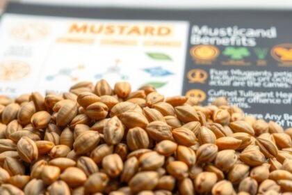 Horčičné semienka s informáciami o ich zdravotných výhodách