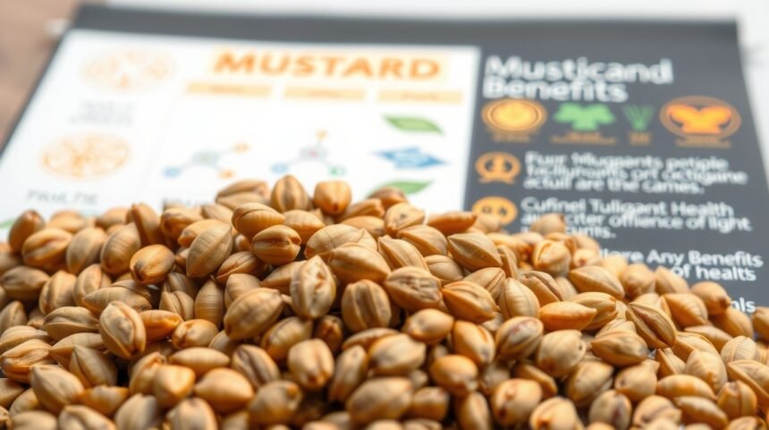 Horčičné semienka s informáciami o ich zdravotných výhodách