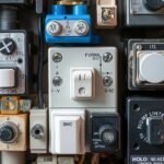 Rôzne typy prepínačov a ovládačov v technickej inštalácii.