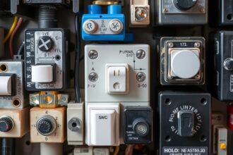 Rôzne typy prepínačov a ovládačov v technickej inštalácii.