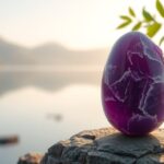 Fialový jadeit na kameni pri jazere s horským pozadím