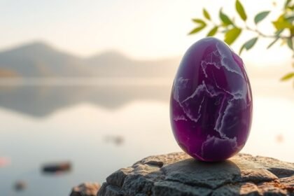 Fialový jadeit na kameni pri jazere s horským pozadím