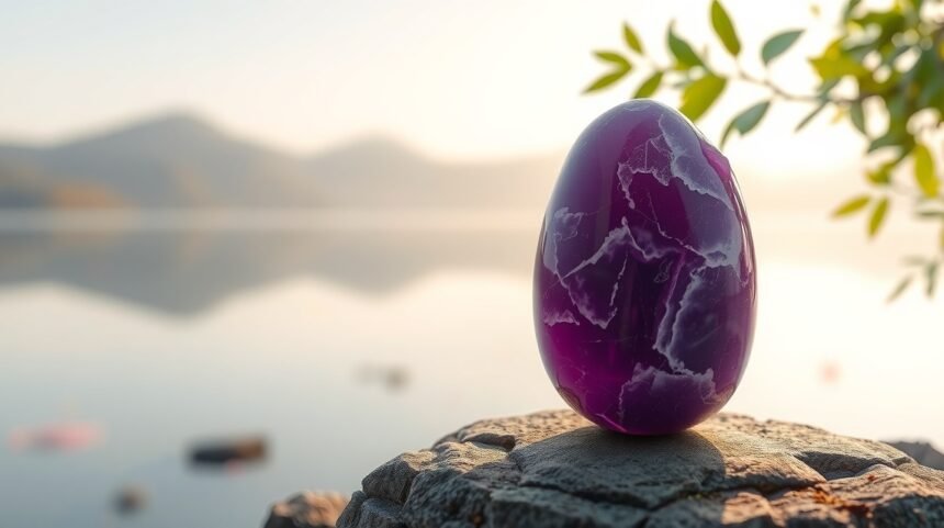 Fialový jadeit na kameni pri jazere s horským pozadím