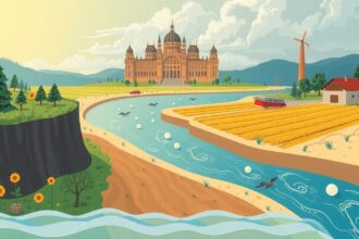 Ilustrácia zobrazujúca krajinu s poľnohospodárstvom, riekou a historickou budovou v Maďarsku