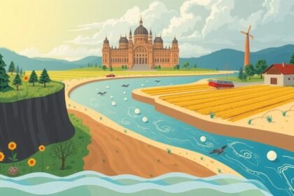 Ilustrácia zobrazujúca krajinu s poľnohospodárstvom, riekou a historickou budovou v Maďarsku