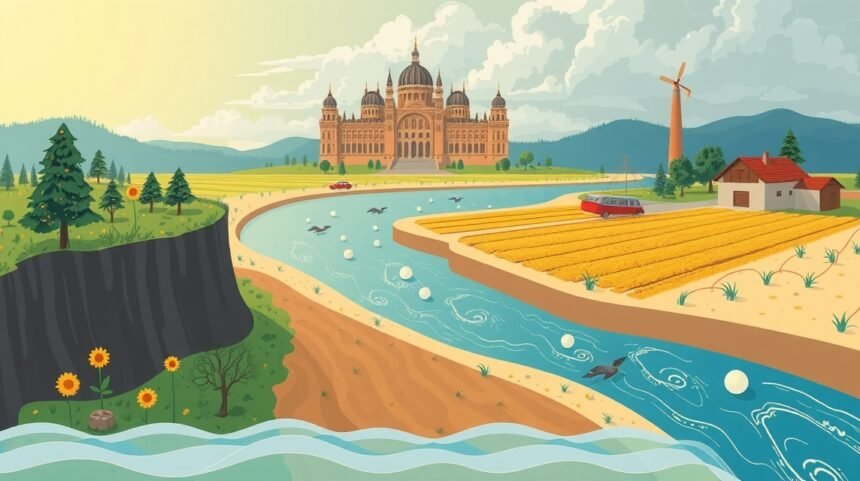 Ilustrácia zobrazujúca krajinu s poľnohospodárstvom, riekou a historickou budovou v Maďarsku