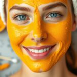 Žena s pleťovou maskou z kurkumy na tvári s usmevom