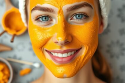 Žena s pleťovou maskou z kurkumy na tvári s usmevom