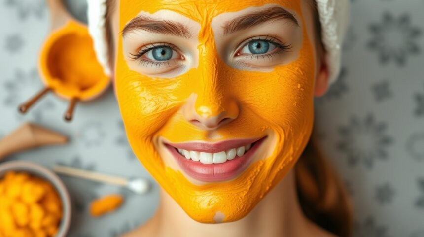 Žena s pleťovou maskou z kurkumy na tvári s usmevom