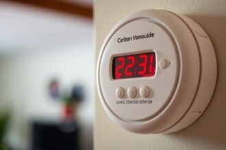 Detektor oxidu uhoľnatého na stene s červeným displejom