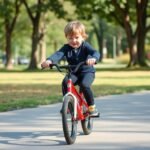 Dieťa na odrážadle podporujúce motorický vývoj v parku