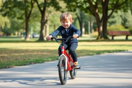 Dieťa na odrážadle podporujúce motorický vývoj v parku