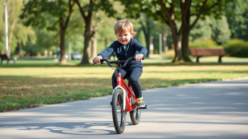 Dieťa na odrážadle podporujúce motorický vývoj v parku