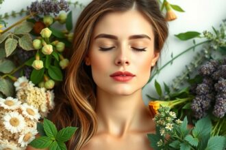 Mladá žena obklopená prírodnými bylinkami a kvetmi