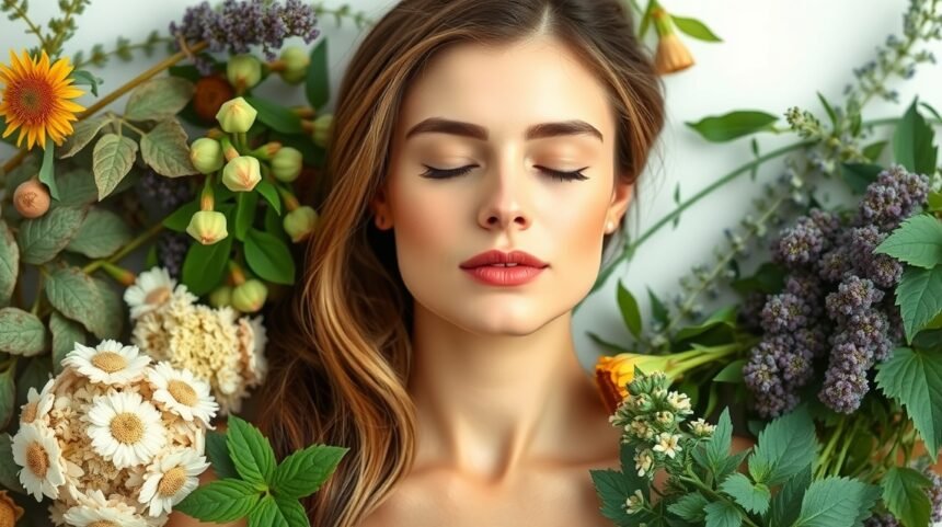 Mladá žena obklopená prírodnými bylinkami a kvetmi