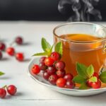 Šálka čaju z hlohu so sušenými plodmi a lístkami