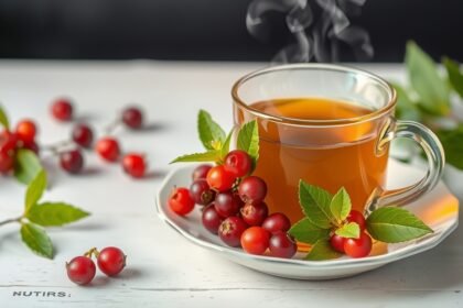 Šálka čaju z hlohu so sušenými plodmi a lístkami