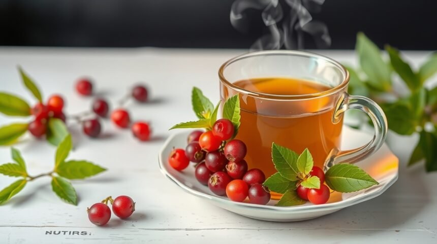 Šálka čaju z hlohu so sušenými plodmi a lístkami
