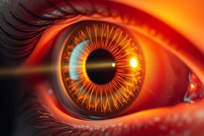 Detail ľudského oka so zameraním na svetlo a lomy svetla v oku