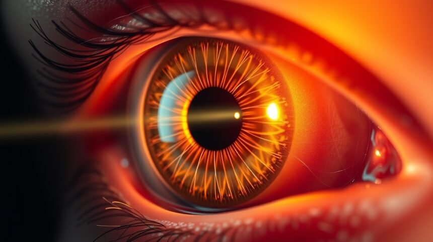 Detail ľudského oka so zameraním na svetlo a lomy svetla v oku