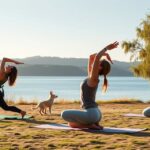 Ženy cvičiace jogu pre hormonálnu rovnováhu s psom v prírode.