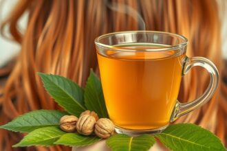 Šálka čaju z orechových listov s lístkami a orechmi