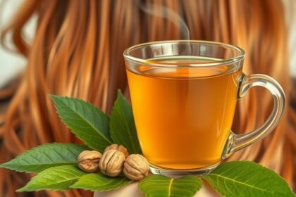 Šálka čaju z orechových listov s lístkami a orechmi