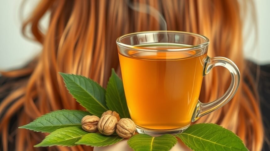 Šálka čaju z orechových listov s lístkami a orechmi