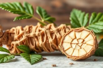 Koreň angeliky s listami, známy pre svoje liečivé účinky.