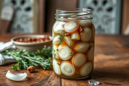Zaváraná cibuľa v octe s bylinkami na drevenom stole