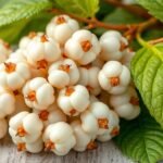 Biela moruša so zelenými listami na drevenom pozadí.