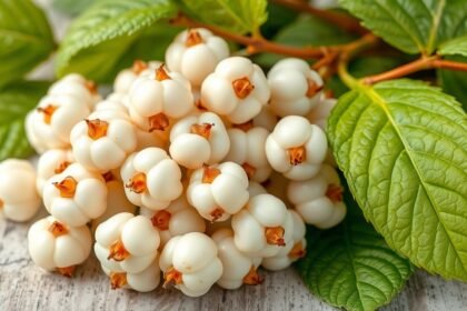 Biela moruša so zelenými listami na drevenom pozadí.