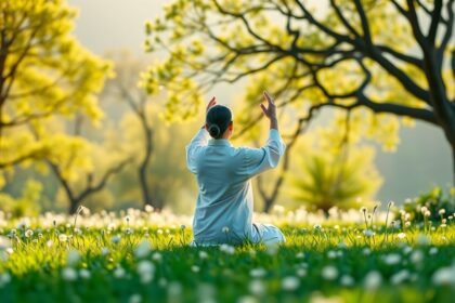 Osoba praktizujúca meditáciu v prírode na jar.