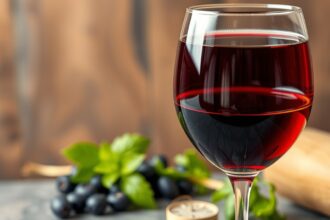 Sklenka červeného vína na pozadí s hroznom