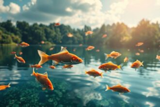 Štýlové ryby plávajúce v jazere, symbolizujúce zdravie a krásu z rybieho kolagénu.