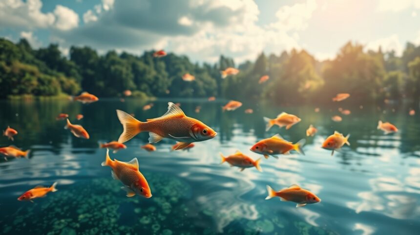 Štýlové ryby plávajúce v jazere, symbolizujúce zdravie a krásu z rybieho kolagénu.