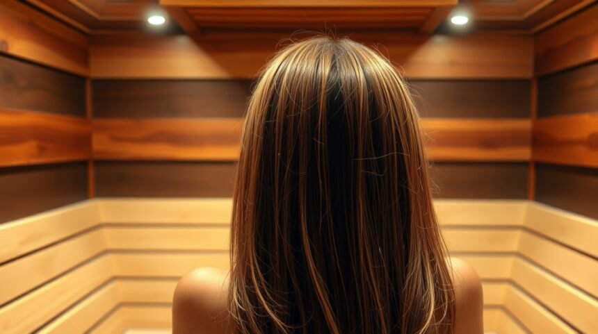 Žena s dlhými vlasmi v saune, relaxujúca pre zdravie vlasov